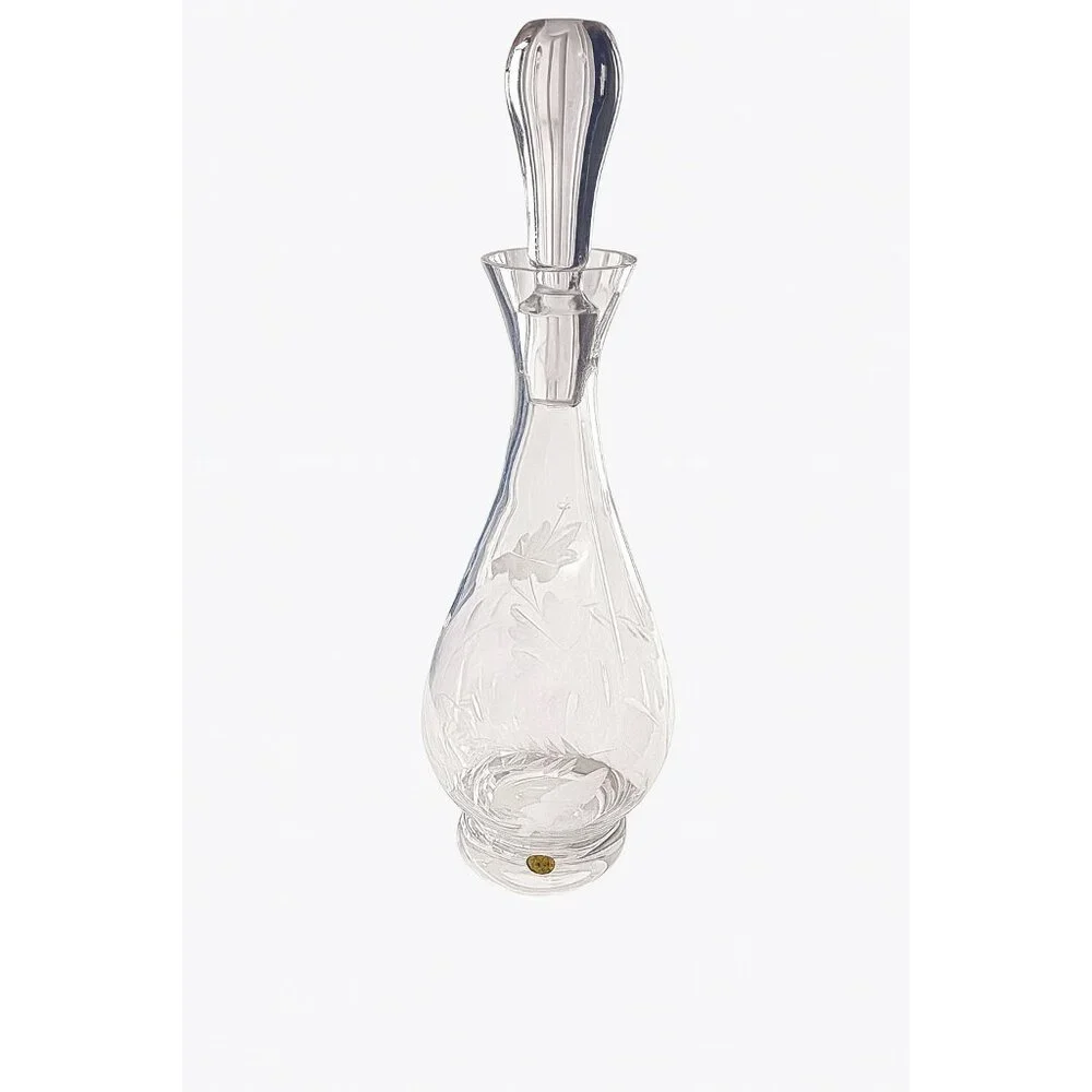 Vintage Polish Cut Crystal Glass Decanter with Stopper – Floral Etched – 14